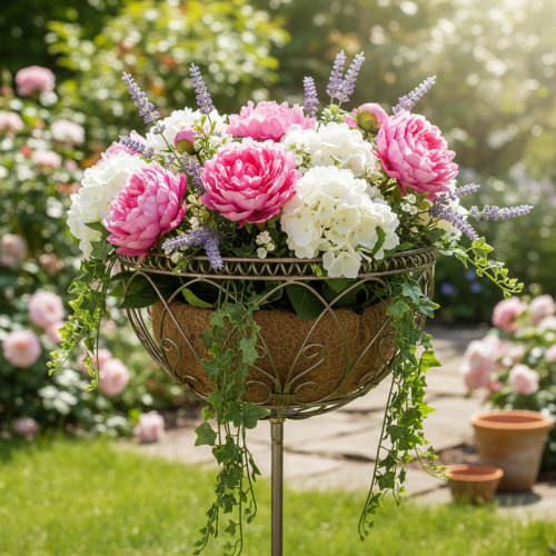 Artikel Metallkorg i trädgården, dekorativt föremål i vintagestil för elegant utomhusbruk, 95 cm