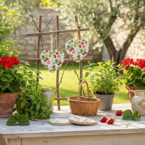 Artikel Dekorativt hjärta med jordgubbsmotiv – Somrigt trähänge för lantlig inredning, 10 cm x 10 cm, 4 stycken