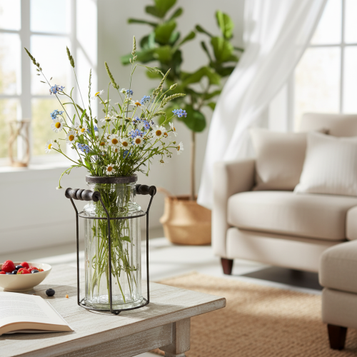 Artikel Glasflaska i metallkorg, perfekt för dekorativa accenter i vardagsrummet, 20 cm