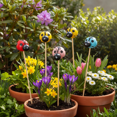 Artikel Nyckelpiga dekorativa figurer för blomkrukor och blomsterarrangemang för vårdekoration, 32 cm, 16 stycken