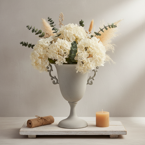 Artikel Vintage metallpokal, grå, dekorativ pokal med handtag, antikt utseende, Ø20,5 cm H26,5 cm, för bordsdekoration och blomkruka