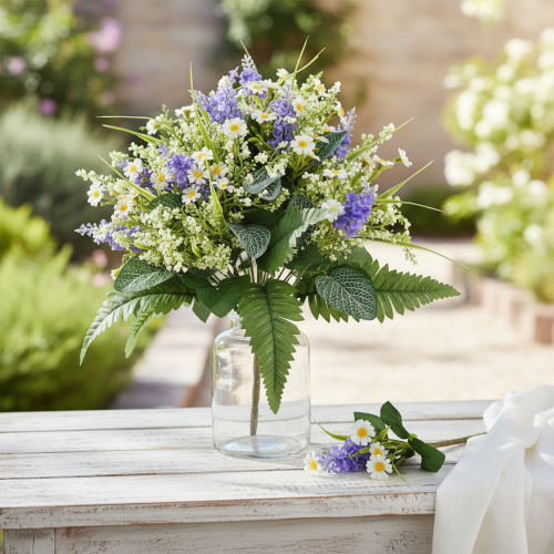 Dekorativ bukett med konstgjorda blommor, prästkragar och syren, bedrägligt realistisk, 40 cm, borddekoration, rumsdekor | Floristik24.se