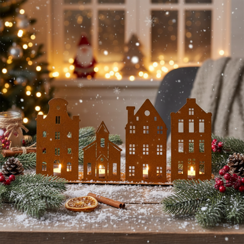 Ljusstake Julbelysning Dekoration Hus Rost 52×12cm | Floristik24.se