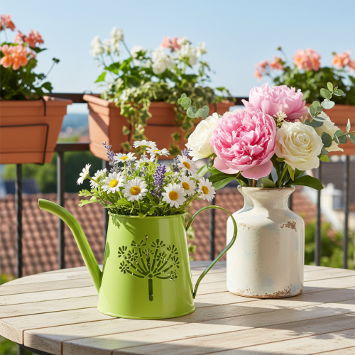 Dekorativ vattenkanna i metall, maskrosdesign, grön, 12 cm hög, 2 stycken, dekorativ vas, shabby chic | Floristik24.se