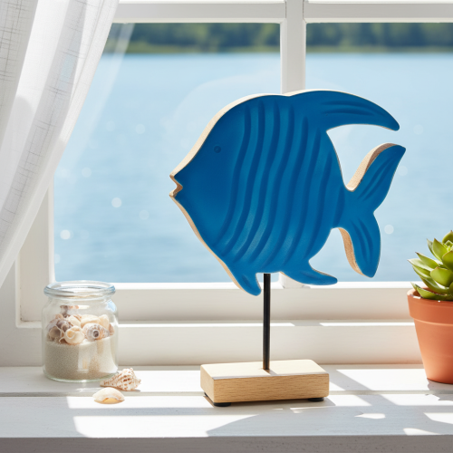Träfiskfigur, maritim dekoration, handgjord bordsdekoration för vardagsrum, 22 cm | Floristik24.se