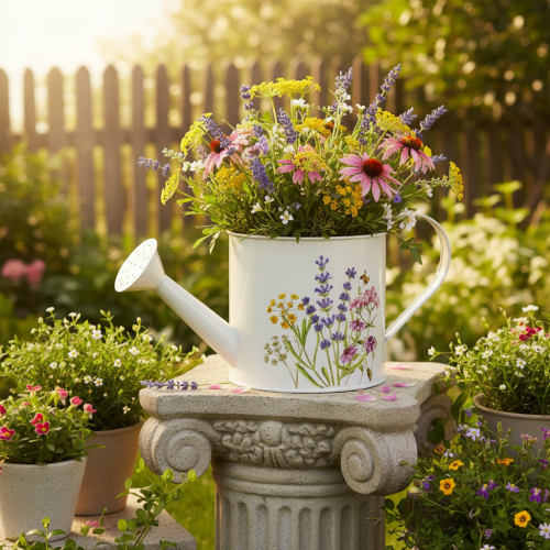 Artikel Vit metallvattenkanna med blommotiv, 13,5 cm, dekorativ kruka