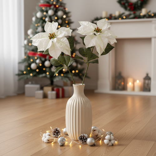 Konstgjord vit julstjärna, stor blommande grendekoration, 65 cm, 2 stycken | Floristik24.se