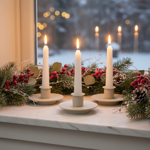 Metallljushållare i matt beige, liten ljusstake för koniska ljus, 8 cm, 3 stycken | Floristik24.se