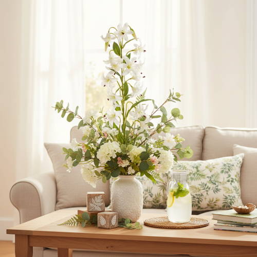 Konstgjord vit lilja med lång blommande gren, dekorativ, 80 cm | Floristik24.se
