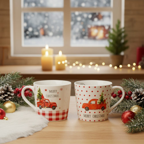 Julmugg med bil och julgran, keramikmuggar, 10 cm, 2 stycken | Floristik24.se