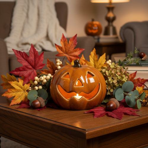 Keramisk pumpa LED Halloweendekoration liten 10cm | Floristik24.se