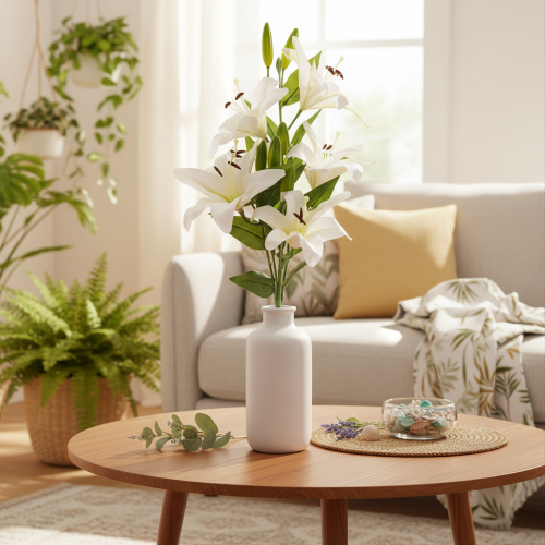 Konstgjorda liljor, 6 vita blommor, realistisk blommande gren, 66 cm | Floristik24.se