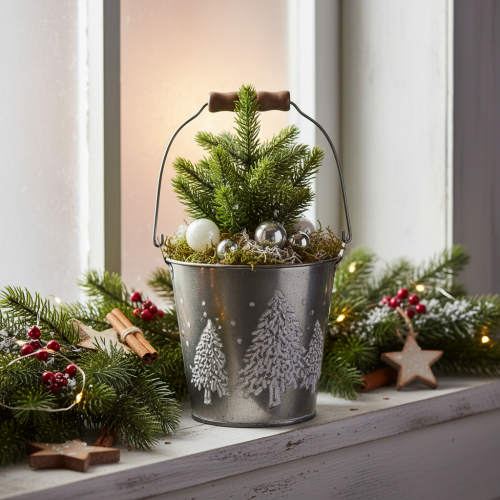 Dekorativ hink med granar och trähandtag, 13 cm | Floristik24.se