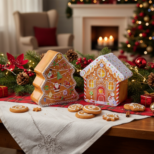 Artikel Julplåt, kakform, julgran och hus, pepparkaksliknande, 14 cm, 2 stycken