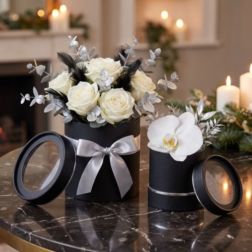 Blomlåda rund kartong svart, silver Ø10/12cm set om 2 | Floristik24.se