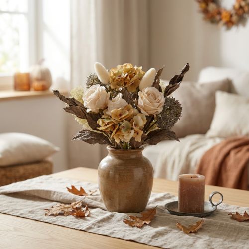 Konstgjord blombukett, ros, hortensia, torr look, vintagedekoration, 38 cm | Floristik24.se