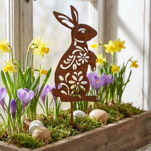 Trädgårdsstake Rost Kanin Blommönster Trädgårdsdekoration Påsk 9×15cm | Floristik24.se