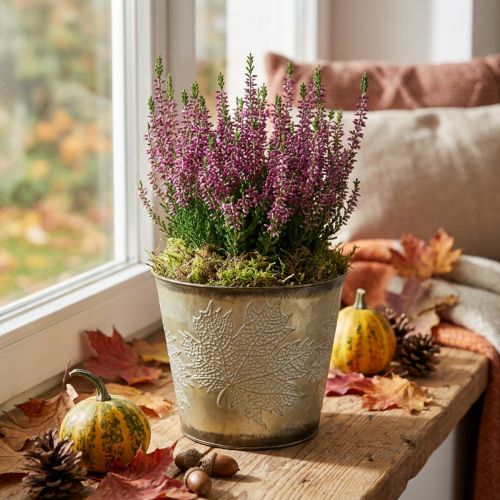 Planter för hösten, metallhink med bladdekoration, gyllene metallkärl Ø14cm H12,5cm | Floristik24.se