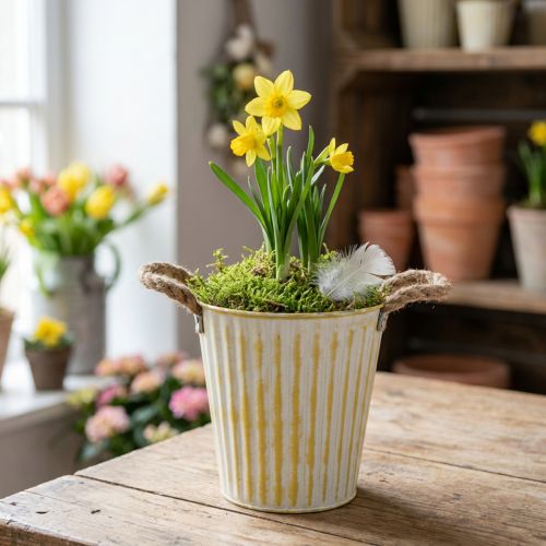 Metallkruka, vårdekoration, planteringslåda med handtag, gul, shabby chic, Ø18 cm, H17,5 cm | Floristik24.se
