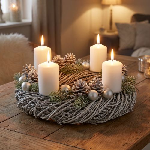 Tallkrans, naturlig krans, shabby chic dekorativ krans, Ø40 cm, vinterdekoration, bordskrans, adventskrans | Floristik24.se