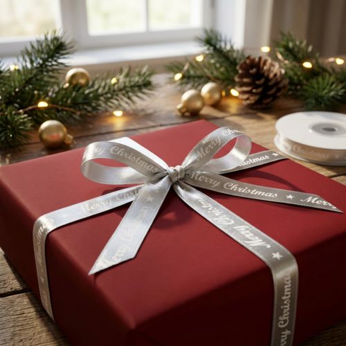 Artikel Julband Merry Christmas Band Silver Vit 10mm 20m