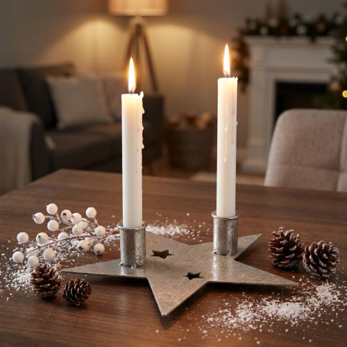 Ljusdekorationsstjärna, metalldekoration, ljushållare för 2 koniska ljus silver, antik look 23cm × 22cm | Floristik24.se