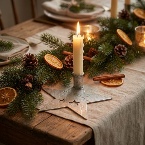 Metalldekorationsstjärna, avsmalnande ljushållare för jul silver, antik look 20cm × 19,5cm | Floristik24.se