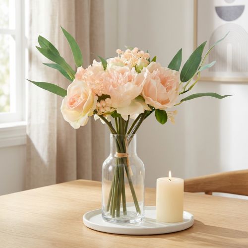 Konstgjord blombukett pioner rosor eukalyptus dekorativa sidenblommor 32cm | Floristik24.se