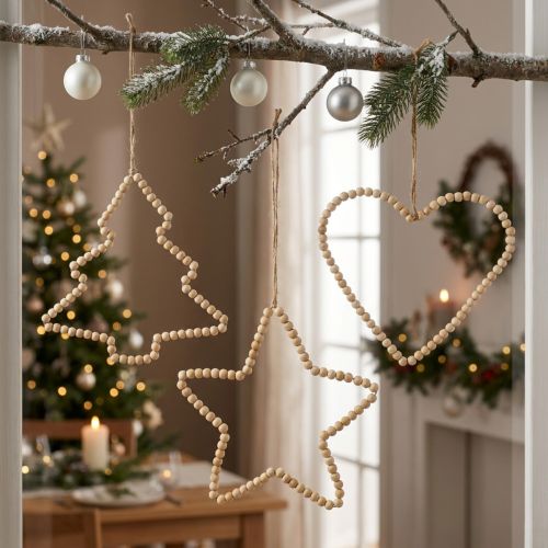 Artikel Deco hängare jul träpärlor hjärta stjärnträd H20cm 3st