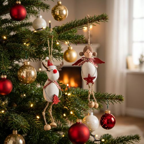 Julfigurer, ängel och ren, för upphängning, vit, röd, Ø4,7 cm, H20/18 cm, 2 stycken | Floristik24.se
