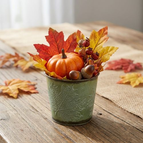 Planter med bladdekoration, metallkärl för hösten, grön växtskopa Ø10cm H10cm | Floristik24.se