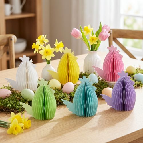 Artikel Dekorativa figurer honeycomb papperskycklingar färgade 7,5×4,5×8cm 6st