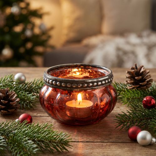 Värmeljusglas antikrött silver med metallkant Ø6cm H3,5cm | Floristik24.se