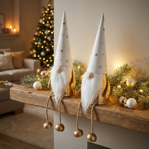 Gnome juldekorationsfigur vit, guld Ø6,5cm H22cm 2 st | Floristik24.se