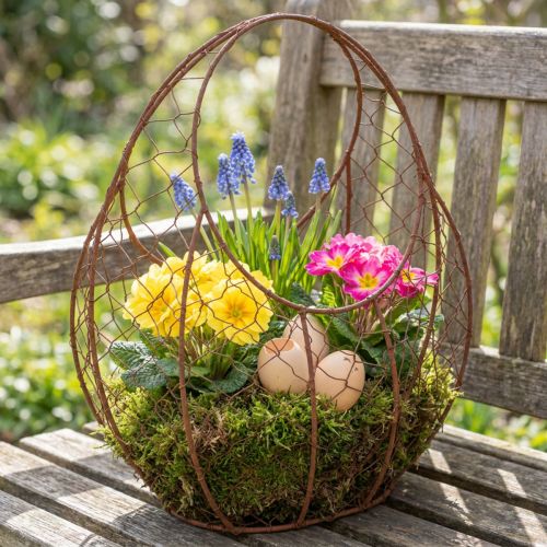 Trådkorg, metallplanter, vårdekoration, påskkorg, brun, rostfri yta, H34cm L30cm | Floristik24.se