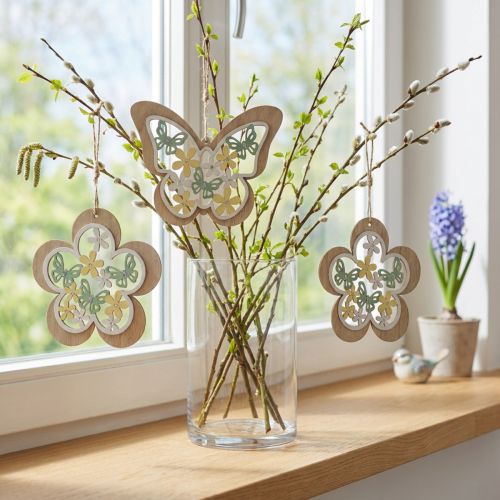 Fjäril att hänga, trähängeblomma, vårdekoration med glitter H11/14,5cm 4st | Floristik24.se