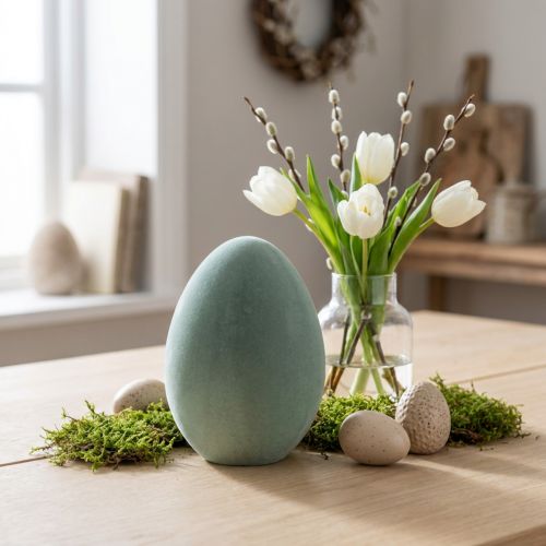 Påskägg dekorativa ägg grågrön plast flockade 20cm | Floristik24.se