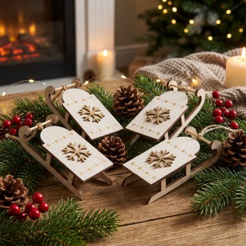 Julsläde trä vit/guld 15,5x6,5x4cm 4st | Floristik24.se