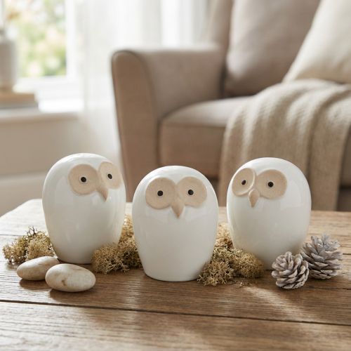 Uggla dekorativa figurer keramik skogsdjur dekoration vit 11,5cm 3st | Floristik24.se