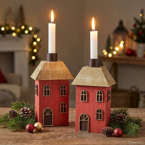 Ljusstake hus trä röd pinne ljusstake H14,5 cm 2 st | Floristik24.se