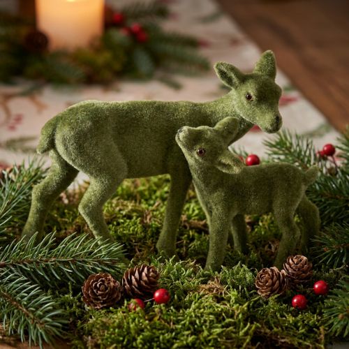 Rådjur dekorativa figurer Julgrönt flockade rådjur med fawn i ett set H9/5,5cm 4 stycken | Floristik24.se