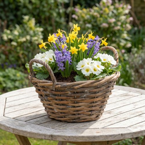 Blomsterdekoration, träkorg med handtag, naturlig plantering, vittvättad H12cm Ø24cm | Floristik24.se