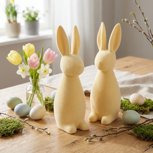 Dekorativ påskhare – 2:a val – Flockad Ljusgul H29,5cm 2 st | Floristik24.se