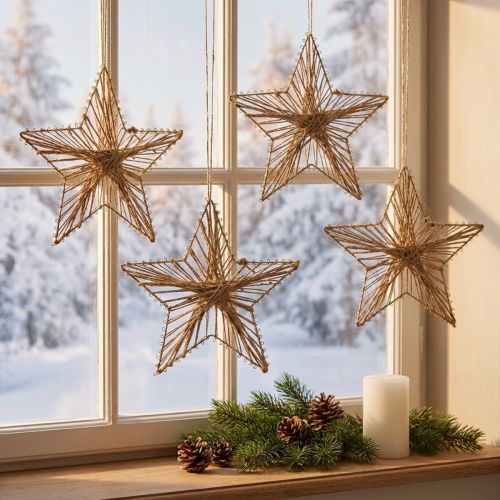 Stjärna inlindad i jute Juldekoration rustik 20cm 4st | Floristik24.se