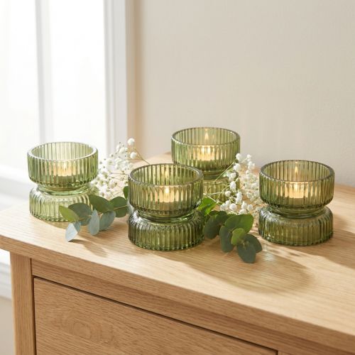 Glasljushållare, dekorativa, räfflade, gröna, Ø9 cm, H7 cm, 4 stycken | Floristik24.se