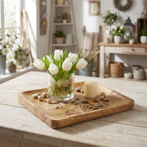 Dekorativ bricka av mangoträ med blommönster, bricka 25×20 cm | Floristik24.se