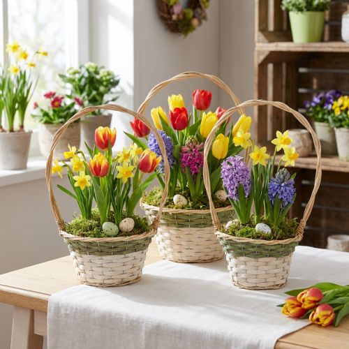 Henkel blomkorg, naturgrön, grå, vit, Ø18–26 cm, set om 3. | Floristik24.se
