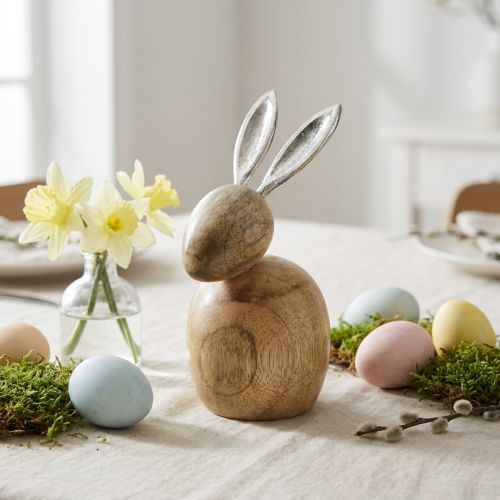 Kaniner dekoration trä metall silver påsk 12,5x14x16,5cm | Floristik24.se