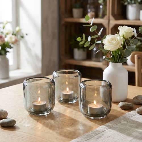 Glasljushållare i grått med räfflad design, 8 cm, 6 stycken | Floristik24.se
