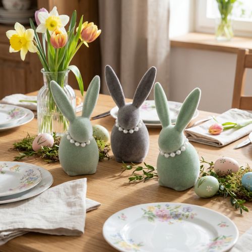 Påskharedekoration med pärlhalsband, hare för vardagsrum och påskbord, 13 cm, 3 stycken | Floristik24.se